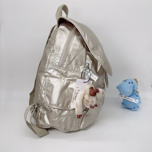 Kipling Ravier Medium Metallic Champagne Gleaming Gold Gorilla Monkey Backpack - Picture 3 of 11